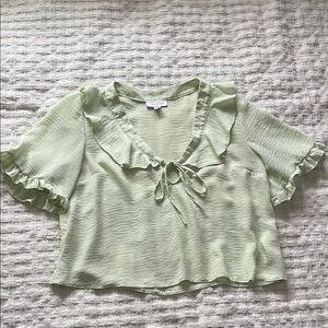 Topshop Light Green Ruffle Tie-Front Crop Blouse